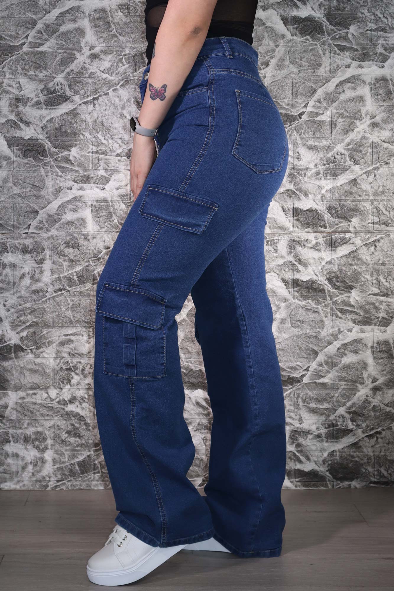 Jean Wide Leg Cargo Azul Oscuro