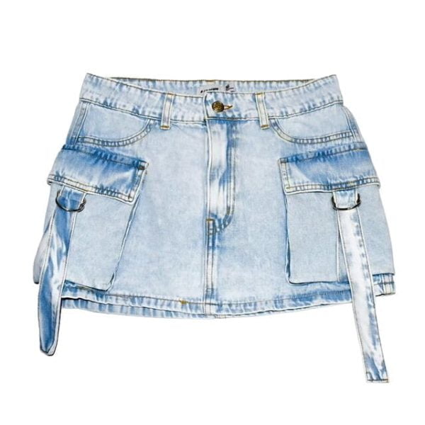 Pollera Jean Mini Cargo Con Tira Denim Tiro Alto Lindo Calce