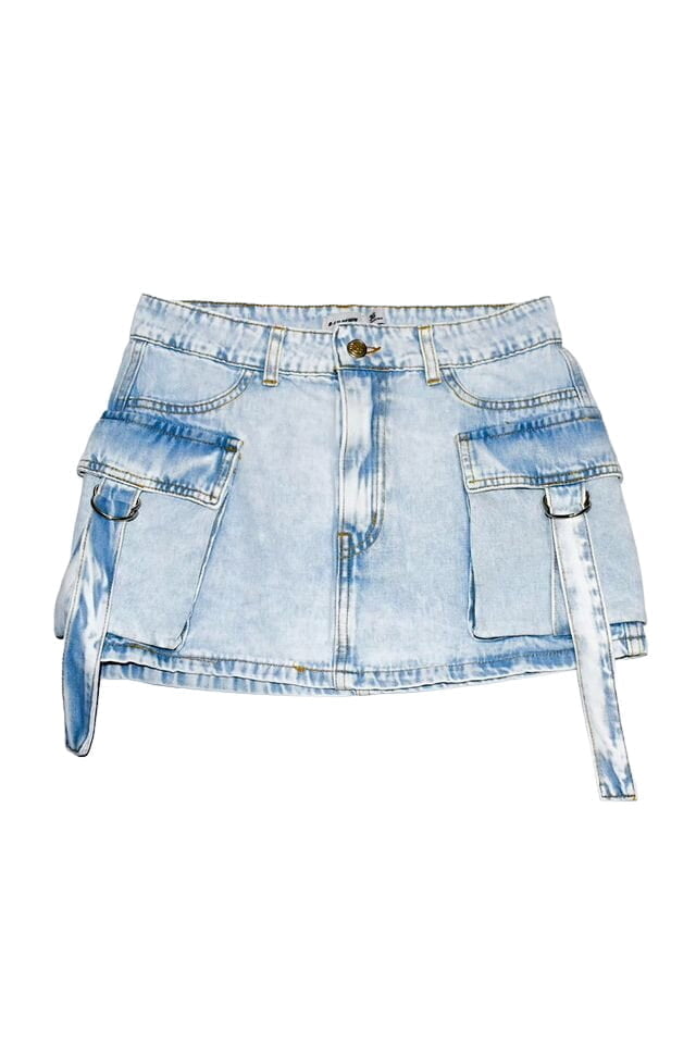 Pollera Jean Mini Cargo Con Tira Denim Tiro Alto Lindo Calce