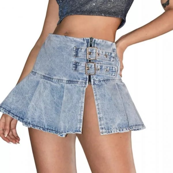 Pollera Jean Mini Denim Tableada Nevada