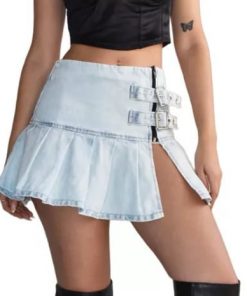 Pollera Jean Mini Denim Tableada Celeste