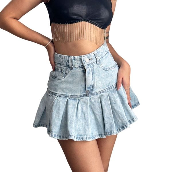 Pollera Mini Tableada Jean Denim Azul Nevado