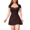 Vestido Negro Efecto Corset Flores Rojas coquette sexy mujer corto
