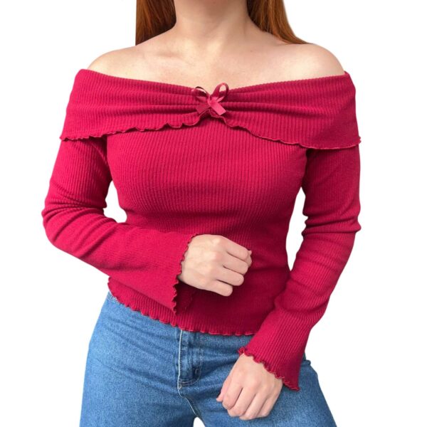 Remera Coquette Manga Larga Frizada Cuello Bote, bordó, invierno, kawaii, moda argentina, shein