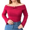 Remera Coquette Manga Larga Frizada Cuello Bote, bordó, invierno, kawaii