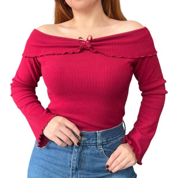 Remera Coquette Manga Larga Frizada Cuello Bote, bordó, invierno, kawaii