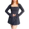 Vestido Suki Manga Oxford Frizado Azul Oscuro